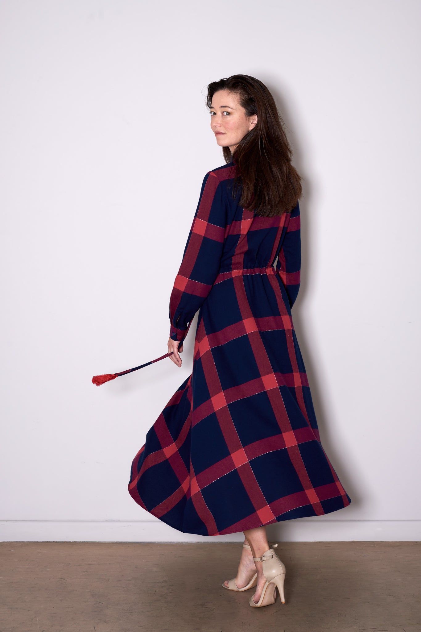 SIENNA DRESS long navy with red check