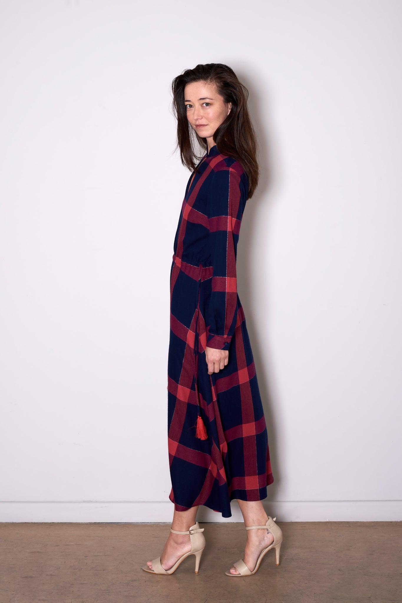 SIENNA DRESS long navy with red check